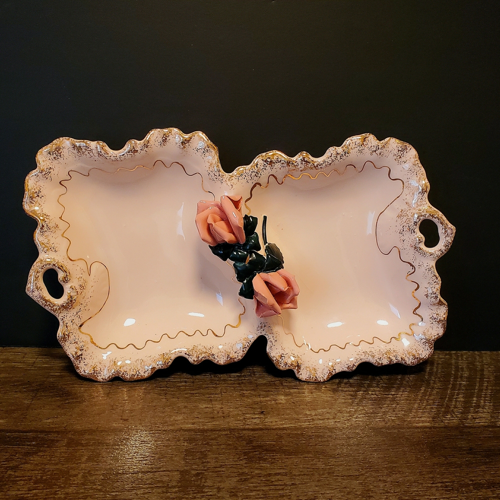 Lefton Vintage Rose Pink and Gold Porcelain Serving Dish 1950s